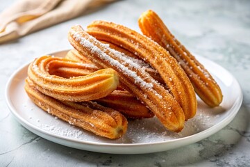 Delicious Churros with Cinnamon Sugar on White Plate - Close Up Stock Photo