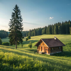 Small wooden cabin in a green field