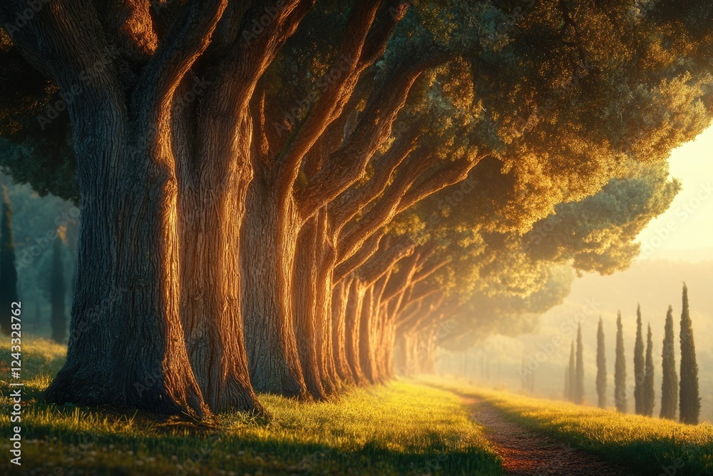 Aufkleber sunlit trees line a path, creating a magical, serene atmosphere in a picturesque landscape.