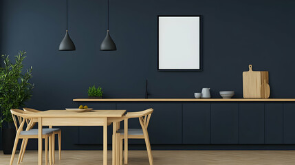 Modern dark navy kitchen dining area with wooden table and chairs, perfect for mockups