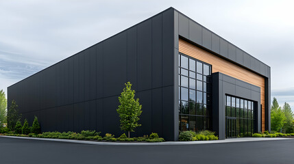 Fototapeta premium Modern dark-gray warehouse building exterior in urban location. Possible use Commercial real estate, architecture