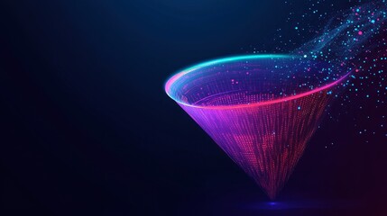 Creative visual of a funnel glowing with data streams, representing optimized lead generation for digital marketing.