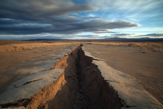 A close-up of a fault line cutting through an empty desert landscape under a dramatic sky.
