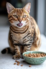 Obraz premium Playful Bengal Cat Sitting Near Bowl of Dry Cat Food, Licking Lips in Natural Light, Showcasing Beautiful Coat Texture and Color Patterns