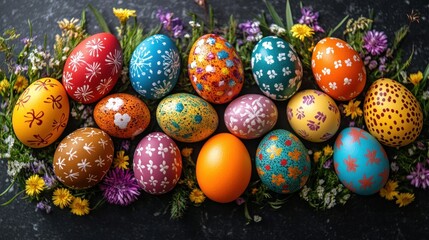 Colorful hand-painted Easter eggs on dark surface surrounded by wildflowers