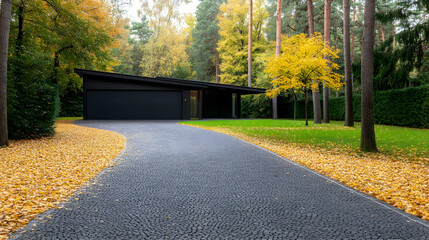 Modern home driveway in autumnal foliage