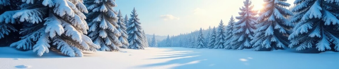 Pine trees and snow-covered ground create a serene atmosphere, serene, frosty, snow