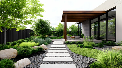 Obraz premium Modern house backyard patio with walkway and landscaping