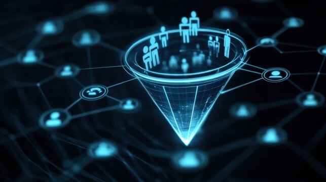 Digital CRO concept with audience avatars being guided into a funnel labeled with strategic marketing stages.