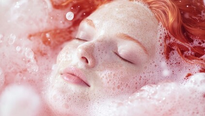 Fototapeta premium Serene redhead woman relaxing in a bubbly bath, enjoying a moment of peace and tranquility, surrounded by soft foam and bubbles, closed eyes, peaceful expression, soft light