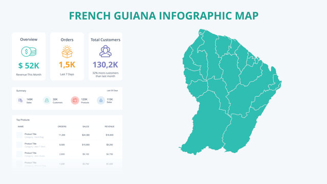 Business Growth Infographic Map of French Guiana. Orders, Customers, Sales Overview & product Infographic Map of French Guiana. Easy to edit