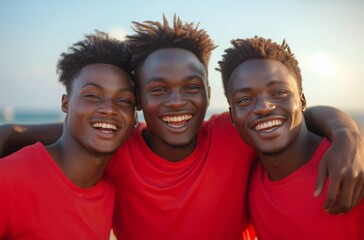 Three friends enjoying a joyful moment outdoors on a sunny beach