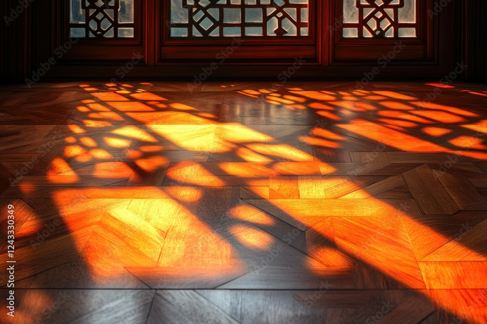 Poster Sunlight streams through a window, casting intricate patterns on a polished wooden floor.
