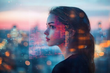 A woman's face superimposed with a cityscape and code, symbolizing the intersection of technology and urban life.