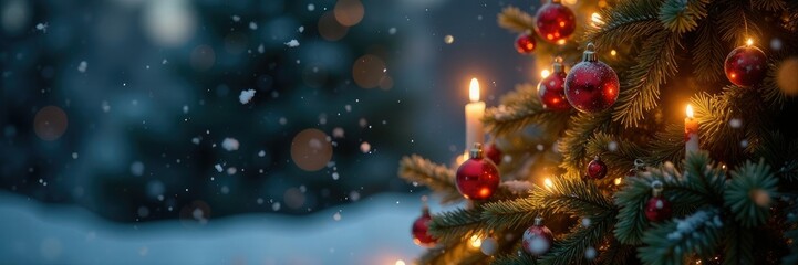Snowflakes falling gently around a Christmas tree decorated with candles and ornaments, christmas tree, peaceful scene, warm glow