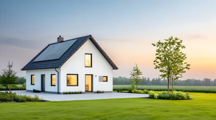 Modern house with solar panels at sunset over a field. Possible use Stock photo for real estate, sustainable living