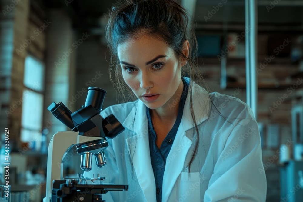 Leinwandbilder a female scientist intensely focuses on a microscope during research in a laboratory setting.