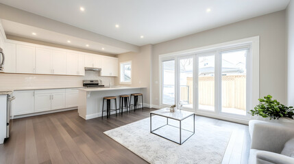 Fototapeta premium Modern kitchen, living area, patio access, hardwood floors, home staging, real estate listing