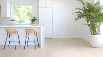 Modern kitchen interior with bar stools, white cabinets, and a large plant.  Ideal for showcasing a modern design aesthetic