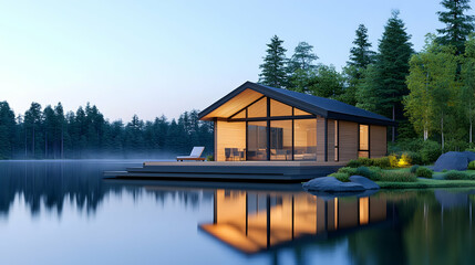 Obraz premium Modern lake house, tranquil forest setting, evening light, peaceful retreat, ideal for real estate marketing