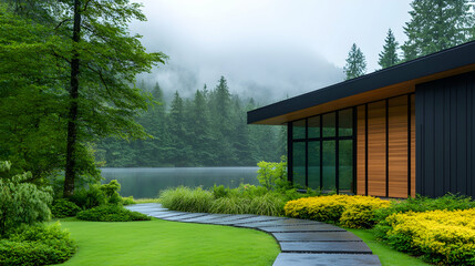 Fototapeta premium Modern lakeside home, misty forest, landscaped garden path, rainy day, real estate