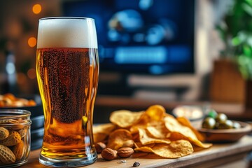 Enjoying a refreshing drink with snacks while watching a show at home in the evening