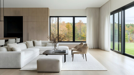 Fototapeta premium Modern living room autumn view luxury home design