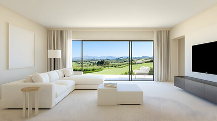 Fototapeta premium Modern living room with scenic view, relaxing atmosphere, outdoor access, ideal for real estate advertising