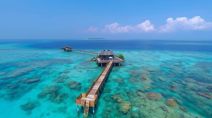 Naklejka premium A breathtaking aerial view captures stunning expanse of Maldives island, showcasing luxurious water villas resort and intricate wooden pier against backdrop