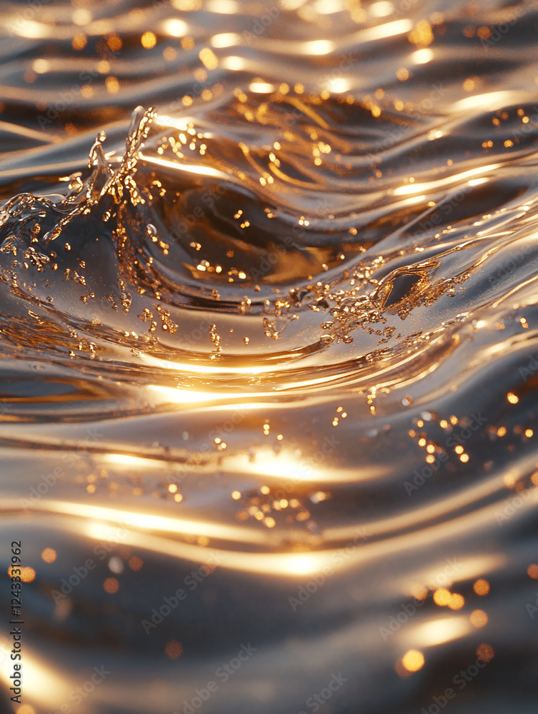 Aufkleber close-up of golden water splashing and reflecting in the light with soft ripples and droplets, symbo