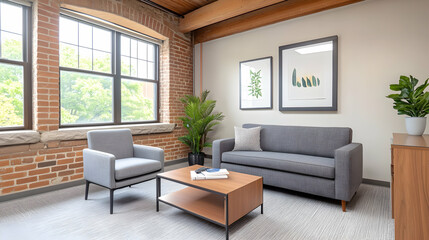 Fototapeta premium Modern loft office space with couch, armchairs, and large windows. Ideal for showcasing a contemporary workspace