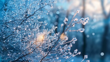 結晶化した氷の花が咲く冬の木の枝