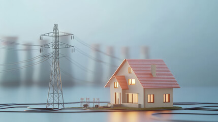 modern house model with innovative architecture near power line, showcasing energy efficiency and connectivity. scene evokes sense of harmony between home and technology
