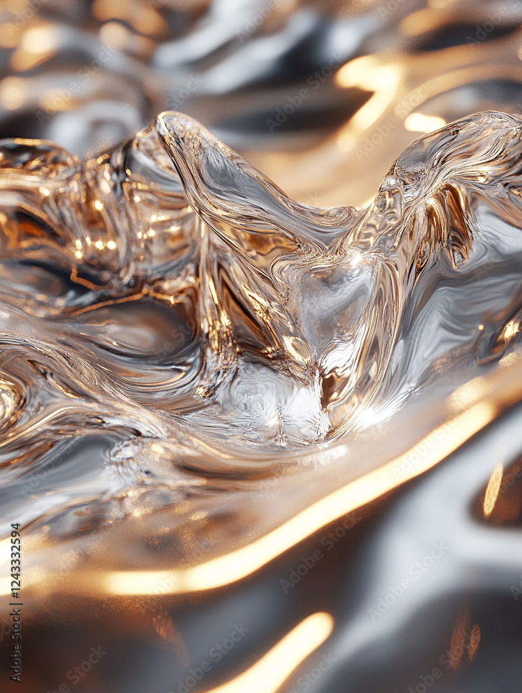 Aufkleber close-up of golden liquid ripples with soft reflections and a dynamic splash, symbolizing fluidity, 