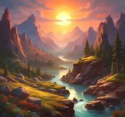 Illustration of fantasy scenic landscape.