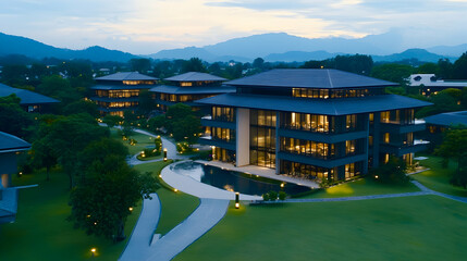 Naklejka premium Modern office buildings complex at twilight, nestled in a tranquil landscape. Aerial view showcasing architectural design, spacious grounds, and serene ambiance. Ideal for commercial property showcase