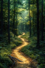 Obraz premium Sunlit Path Winding Through Lush Green Forest
