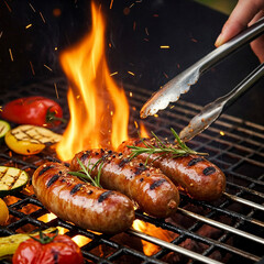 Grilled juicy sausages on a grill with fire. Shallow depth of field