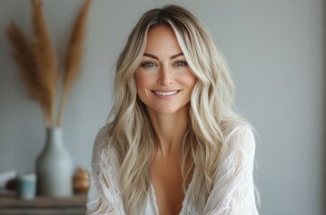 Fototapeta premium Young woman with long, blonde hair smiling warmly in a neutral-toned room decorated with natural elements