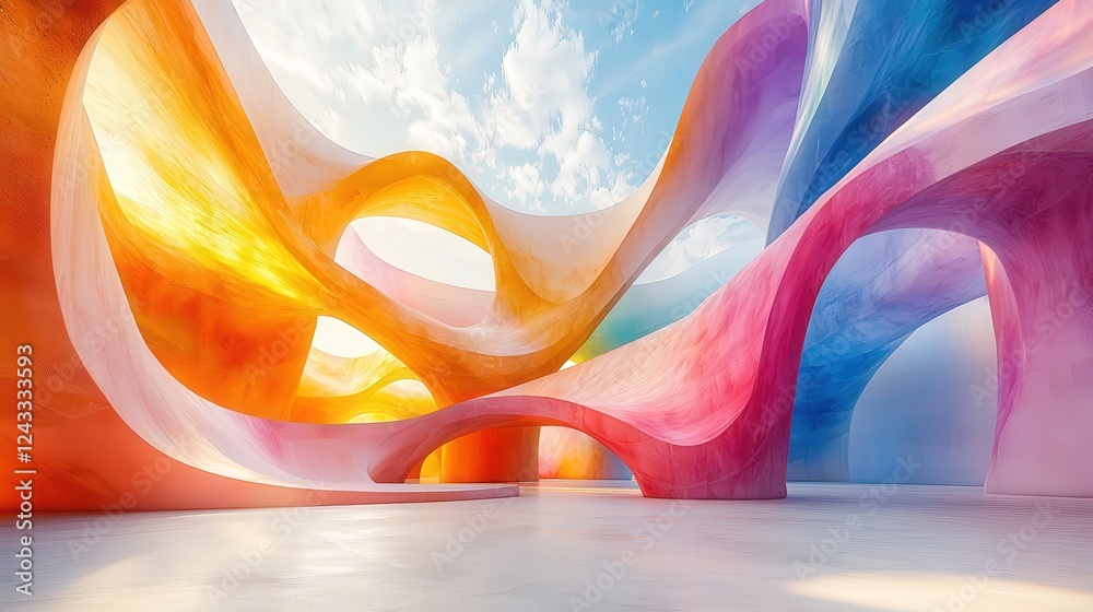 Wall mural abstract vibrant landscape with colorful flowing shapes and dynamic curves under a bright blue sky w