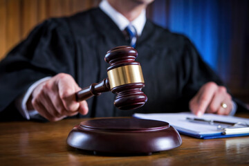 Judge strikes the gavel on the stand.