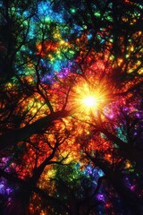 Rainbow forest canopy, sunburst, vibrant, magical, fantasy, nature, background, artwork