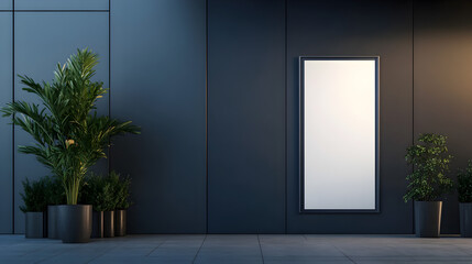 storefront entrance with a vertical blank sign on the wall beside the door 