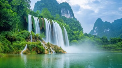 Naklejka premium A serene waterfall cascades into a river, with a small boat gently floating on the water, creating a tranquil and picturesque scene.