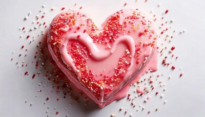A heart made of soft pink ice cream, slowly melting with sprinkles on top
