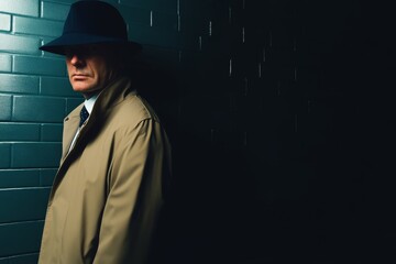 Mysterious figure in trench coat and hat stands against dark urban wall in shadows during nighttime
