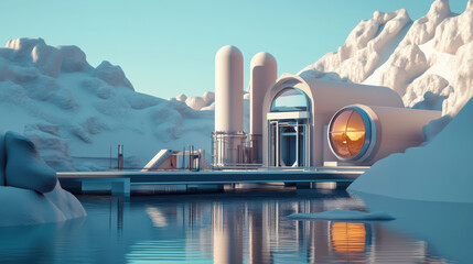 minimalist condo with futuristic power plant, surrounded by icy mountains and serene water body, evokes sense of tranquility and innovation
