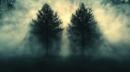 Fototapeta premium Mysterious Forest Landscape with Two Silhouette Trees Emerging from Dense Fog and Atmospheric Light Play