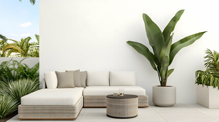 Modern Outdoor Lounge Area with Tropical Plants. Possible use Stock photo for interior design, furniture, or landscaping