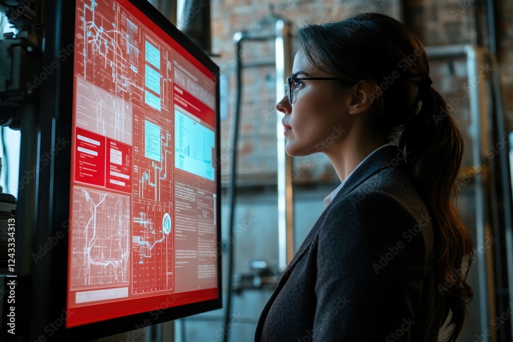 Poster A woman in glasses scrutinizes a large red screen displaying complex maps and data visualizations.